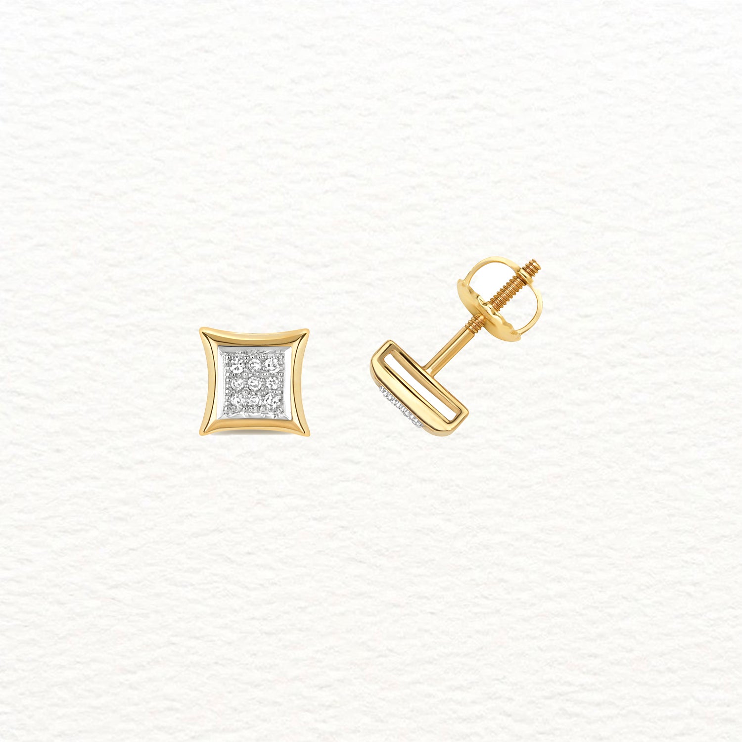 18K Gold and Diamond Pinched Square Stud Earring