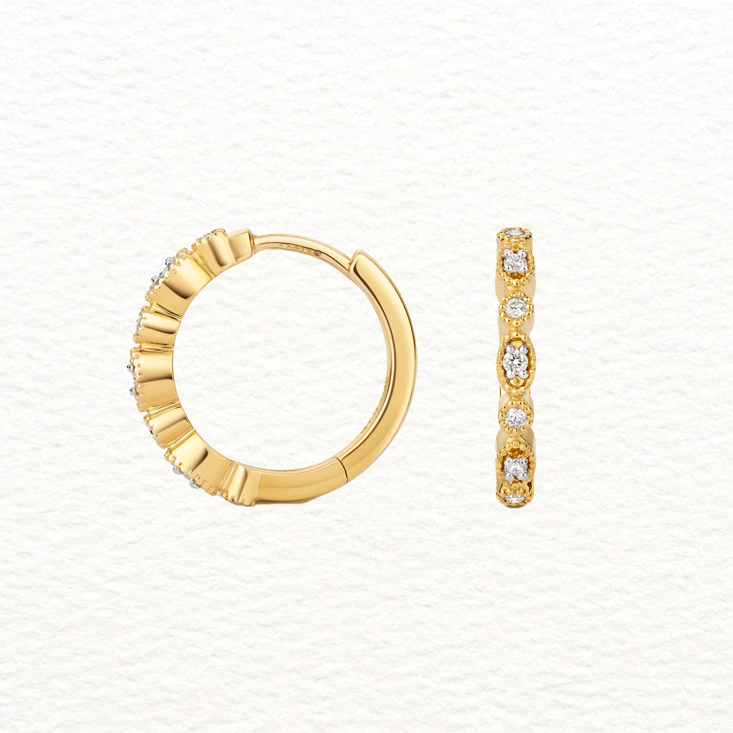 18K Gold and Diamond Millgrain Hoop Earring