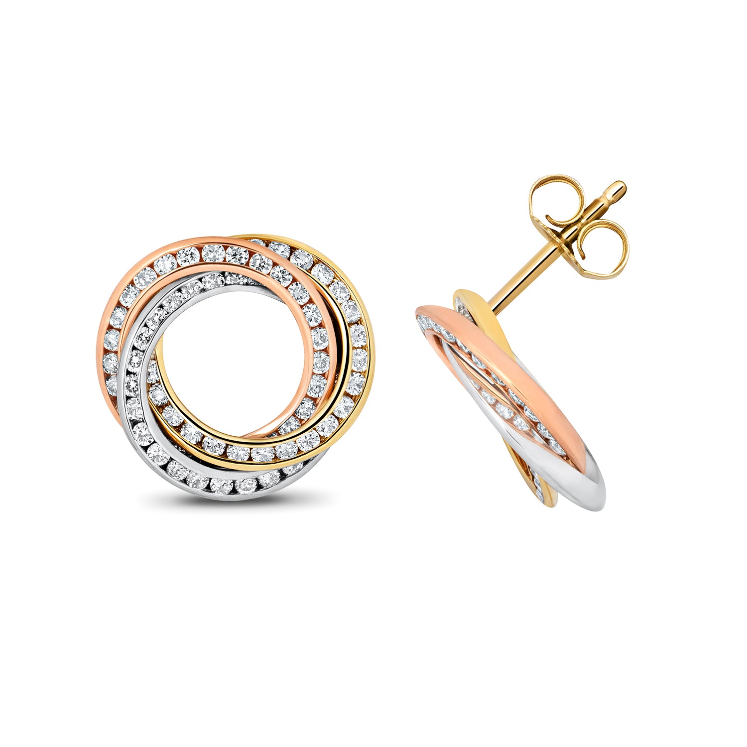 18K Triple-Gold and Diamond Swirl Stud Earring