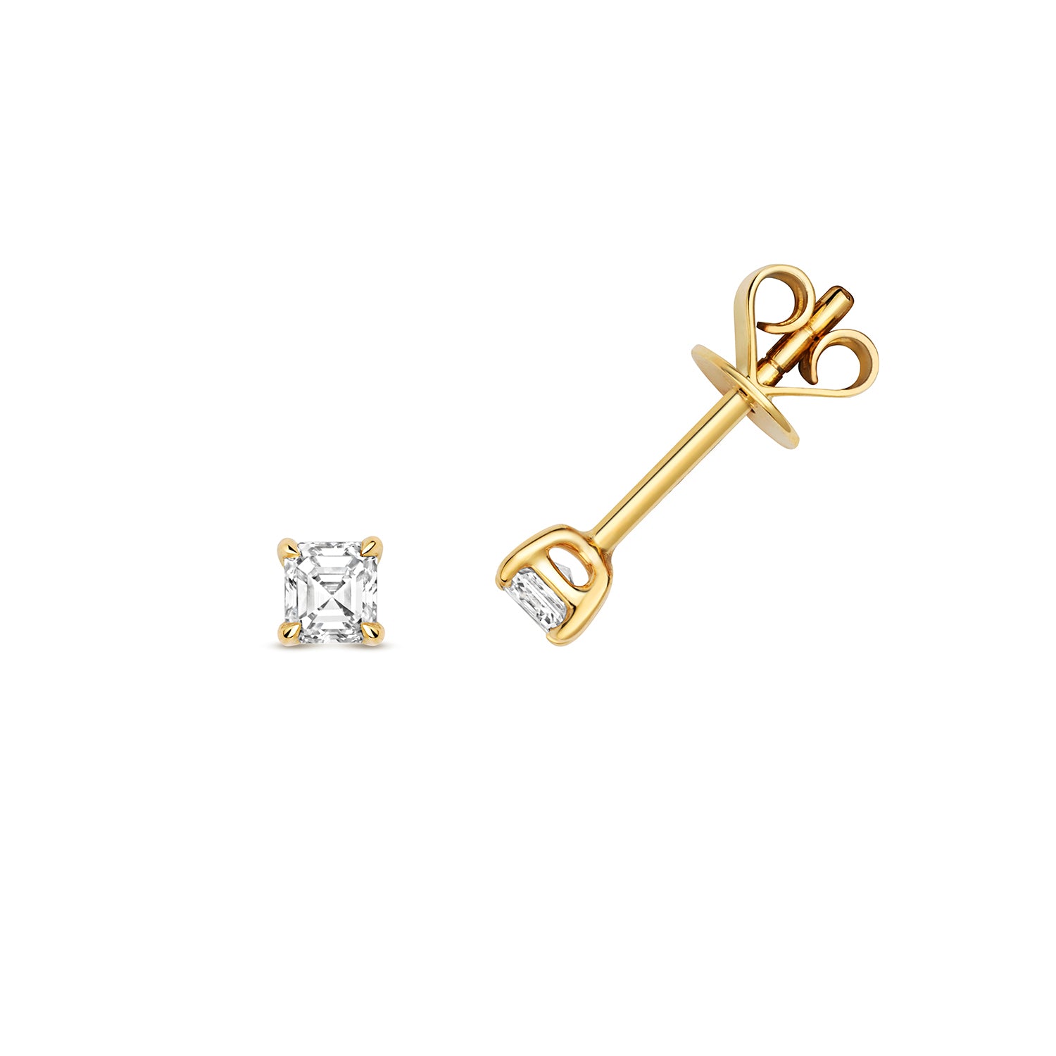 18K Gold and Diamond Asscher Solitaire Stud Earring
